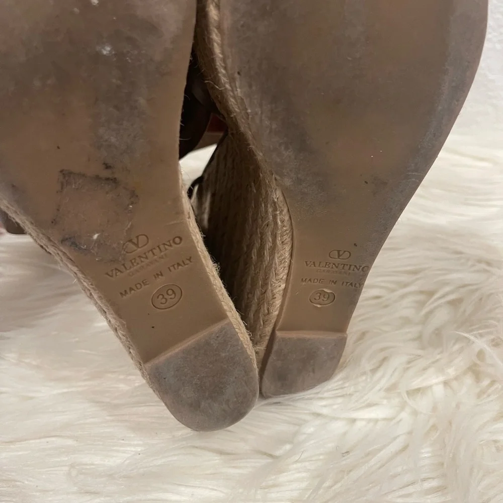 Valentino‎ Garavani Leather Espadrille Wedges Brown Bow Accents Wedge